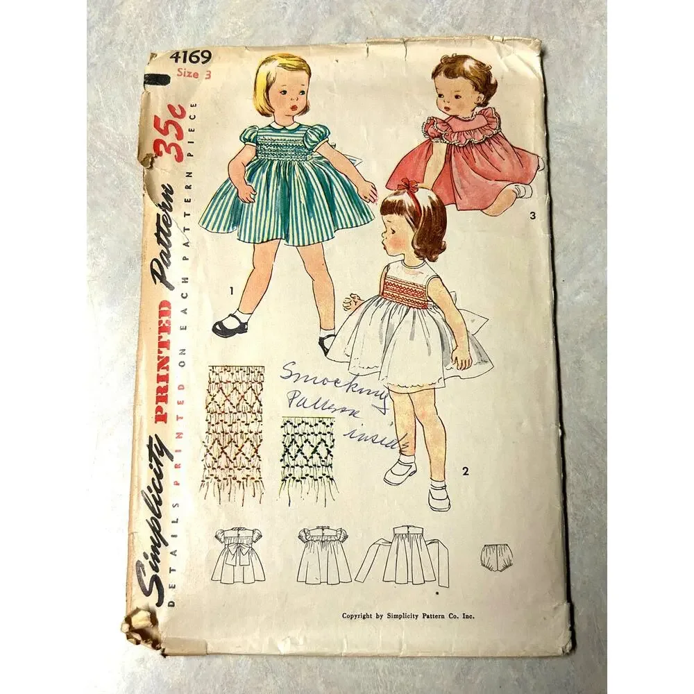 Vintage 1950's Simplicity Pattern #4169‎ Toddler Girls Smocked Dress Size 3